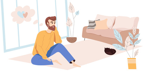 Obraz premium Dreaming people concept in modern flat design. Happy man sitting at floor and dreaming at home. Young guy sits at cozy room and thinking about love, person scene. Vector illustration for web banner