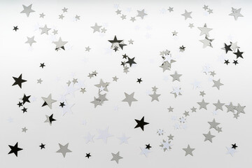 Confetti black silver and white stars on a white background.