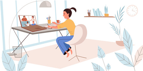 Online education people concept in modern flat design. Student is watching webinar from laptop at home. Distance learning at group video conference, person scene. Vector illustration for web banner
