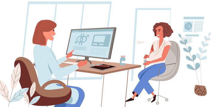 Medical clinic people concept in modern flat design. Pregnant woman visits doctor, therapist consults her and prescribes treatment. Medical services person scene. Vector illustration for web banner