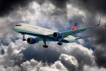 Obraz premium Flugzeug (Jet) am Himmel bei schlechtem Wetter