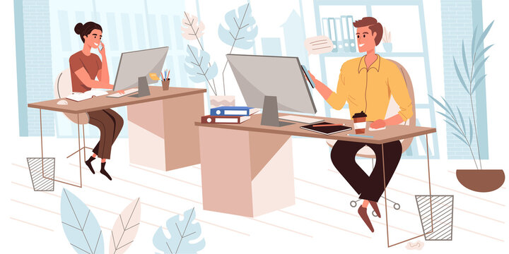 Business office people concept in modern flat design. Employees working at computers and calling phones sitting at desks. Colleagues at workplaces, person scene. Vector illustration for web banner