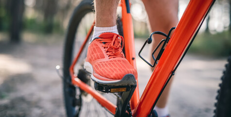 Legs of man in sneakers riding bicycle through pine forest