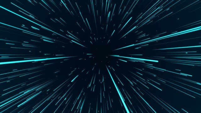 Digital speed illustration. Futuristic illustration with explosion of data. Abstract hyper jump with glowing particles. 3d rendering.