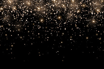 Bronze gold glitter holiday confetti with glow lights on black background. Vector