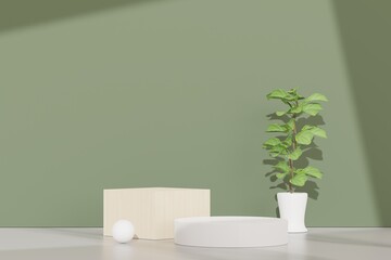 Fototapeta premium 3d render of abstract pedestal podium display with Tropical Monstera leaves. Product and promotion concept for advertising. Green natural background.