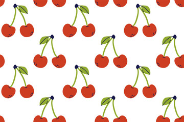 Cherry seamless pattern. Hand drawn vector illustration. Red berry. Color fruits with leaves