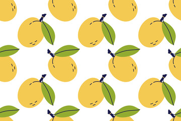 Plum fruit with leaf. Apricot seamless pattern. Hand drawn vector illustration. Sweet natural food.
