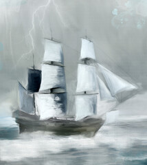 Fantasy sailing ship in a stormy weather landscape