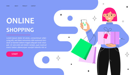 Online shopping landing page. Woman with smartphone doing internet payment in on-line store. Website or app design