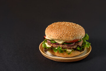 Vegetarian burger with bean patty and vegetables on black background