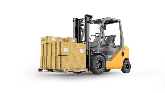 Forklift with boxes on white background