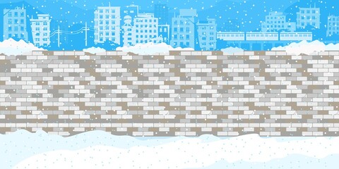 Snow Covered Empty Brick Wall With Winter Background Of The Cityscape Vector Illustration Template