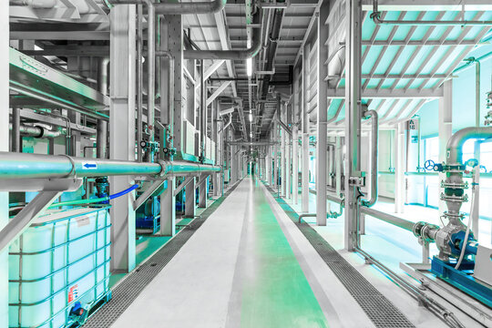 Photo Of Plant Interior, Modern Enterprise, Pumping Station. Green Tone