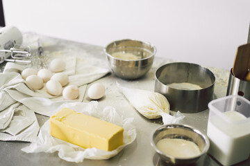 Dough preparation recipe bread, pizza or pie making ingridients. Cooking cakes. Concept ingredients for cooking flour products or dessert. Rural or rustic style.