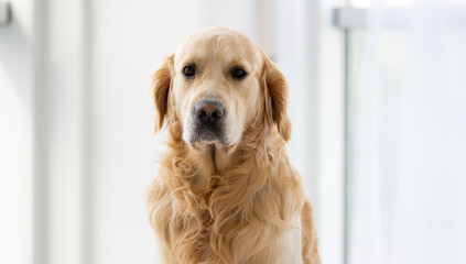 Golden retriever dog sitting in the room with daylight close to window and looking at the camera. Purebred pet doggy indoors portrait