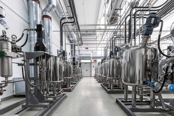 Photo of gray pipes and tanks. Chemistry and medicine production. Pharmaceutical factory. Interior of a high-tech factory, modern production