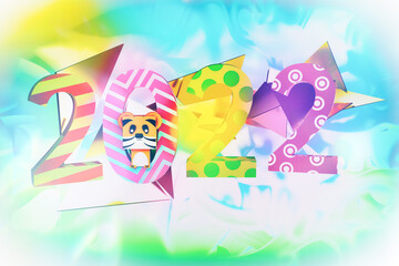 Bright 3D illustration on the theme of the new year 2022. Festive background with numbers and cartoon tiger.