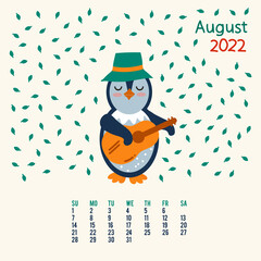 Calendar for August with an animal. Planner with a penguin in a circle of doodle backgrounds. The annual calendar for 2022 with the image of an animal. Vector illustration