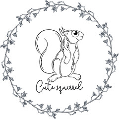 Outline cartoon illustration of a squirrel. Black and white drawing. Squirrel.