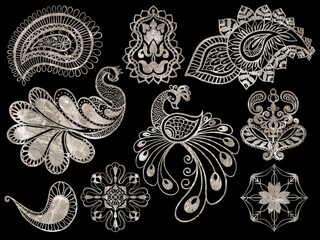 Set of mandala bandana paisley damask metalic white on black background Mandala with floral and peacock element arrangement template