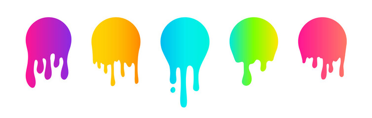 Paint Dripping circle stickers collection. Vibrant colors gradient vector current paint icons set. Liquid stains, Paint flows, abstract splatter design elements isolated on white background