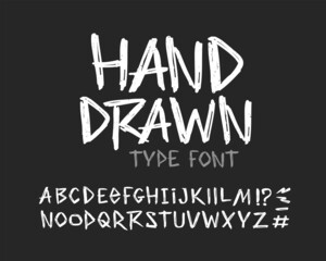 Retro Hand Drawn grunge type font and vector doodle alphabet - vector template. Set for print tee and poster design. Handwritten lettering. Vintage white Rock style type font - obrazy, fototapety, plakaty