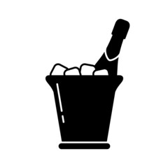 Champagne bottle in ice bucket, silhouette vector icon. Contour isolated pictogram on white background