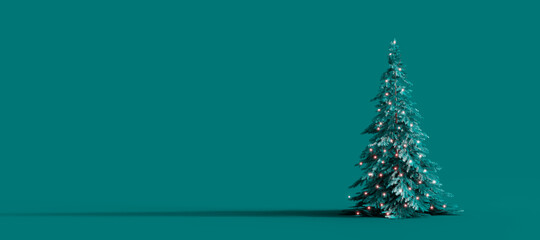 Green Christmas tree with sparkling lights on green background 3D Rendering, 3D Illustration