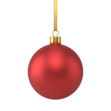 Simple luxury red metallic Christmas tree decor hanged on rope 3d realistic vector illustration