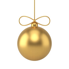 Gold Christmas tree decor sphere bauble hanged on rope with bow 3d realistic vector illustration