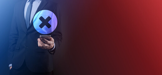 Hand holds icon,cancellation symbol,cancel icon.Cross mark flat red icon.round X mark.cancel...