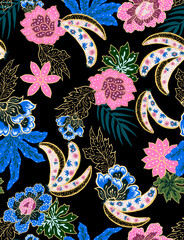 
Black tropical foliage pattern with fruits and flowers. Vector