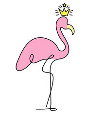 Silhouette of color abstract flamingo as line drawing on white. Vector