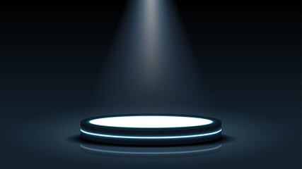 Blank circle podium illuminated light for product. white glowing ring and a glossy floor on studio background. Vector illustration