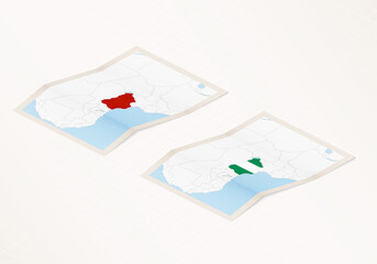 Two versions of a folded map of Nigeria with the flag of the country of Nigeria and with the red color highlighted.