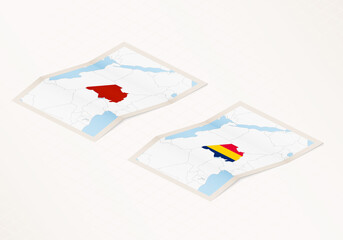 Two versions of a folded map of Chad with the flag of the country of Chad and with the red color highlighted.