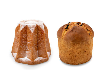 Pandoro and Classic Panettone - traditional Italian cakes prepared to celebrate Christmas and New Year, isolated on white