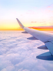 Airplane wing in the sky at beautiful sunset, airplane flight in the sky with copy space
