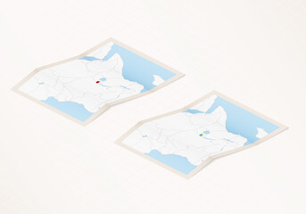 Two versions of a folded map of Rwanda with the flag of the country of Rwanda and with the red color highlighted.