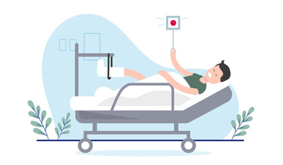 Man in hospital bed - Injured male person with broken foot vector illustration with white background.