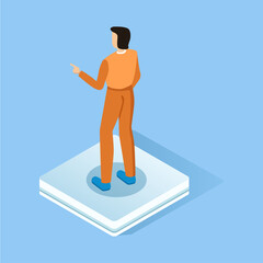 Man in Red Clothes Standing on the Podium. Backward View. Vector illustration