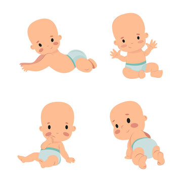 4 little boys in diapers are sitting on the floor, happy children, newborn children, newborn boy, smiling, sitting, hands up, crawling, thinking, lying on his tummy 