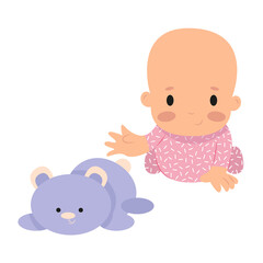 Baby girl in pink pajamas reaches for her cute teddy bear toy 