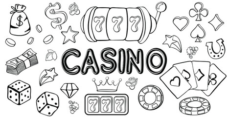 Set of casino icons and symbols. Hand drawn doodle gambling entertainment design concept. Vector illustration. © Logvin art