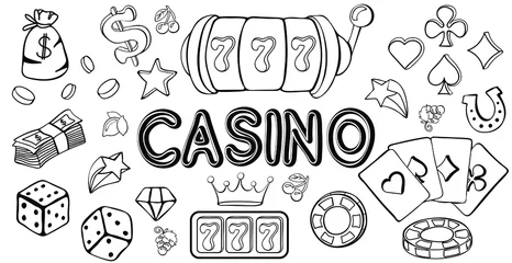 Muurstickers Set of casino icons and symbols. Hand drawn doodle gambling entertainment design concept. Vector illustration. © Logvin art