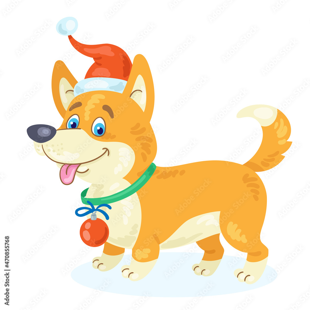 Wall mural Funny corgi dog in a red hat of Santa Claus. In cartoon style. Isolated on white background. Vector flat illustration.