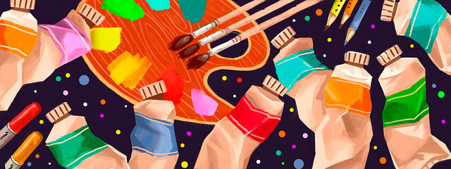 a set of paints and brushes for oil painting