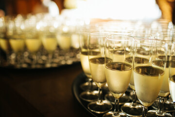 Tray of champagne glasses. Wedding party welcome alcohol. New years eve alcohol celebration. Shiny crystal glass event beverage. Plenty of white wine glass. Elegant banquet alcohol.