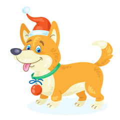 Funny corgi dog in a red hat of Santa Claus. In cartoon style. Isolated on white background. Vector flat illustration.